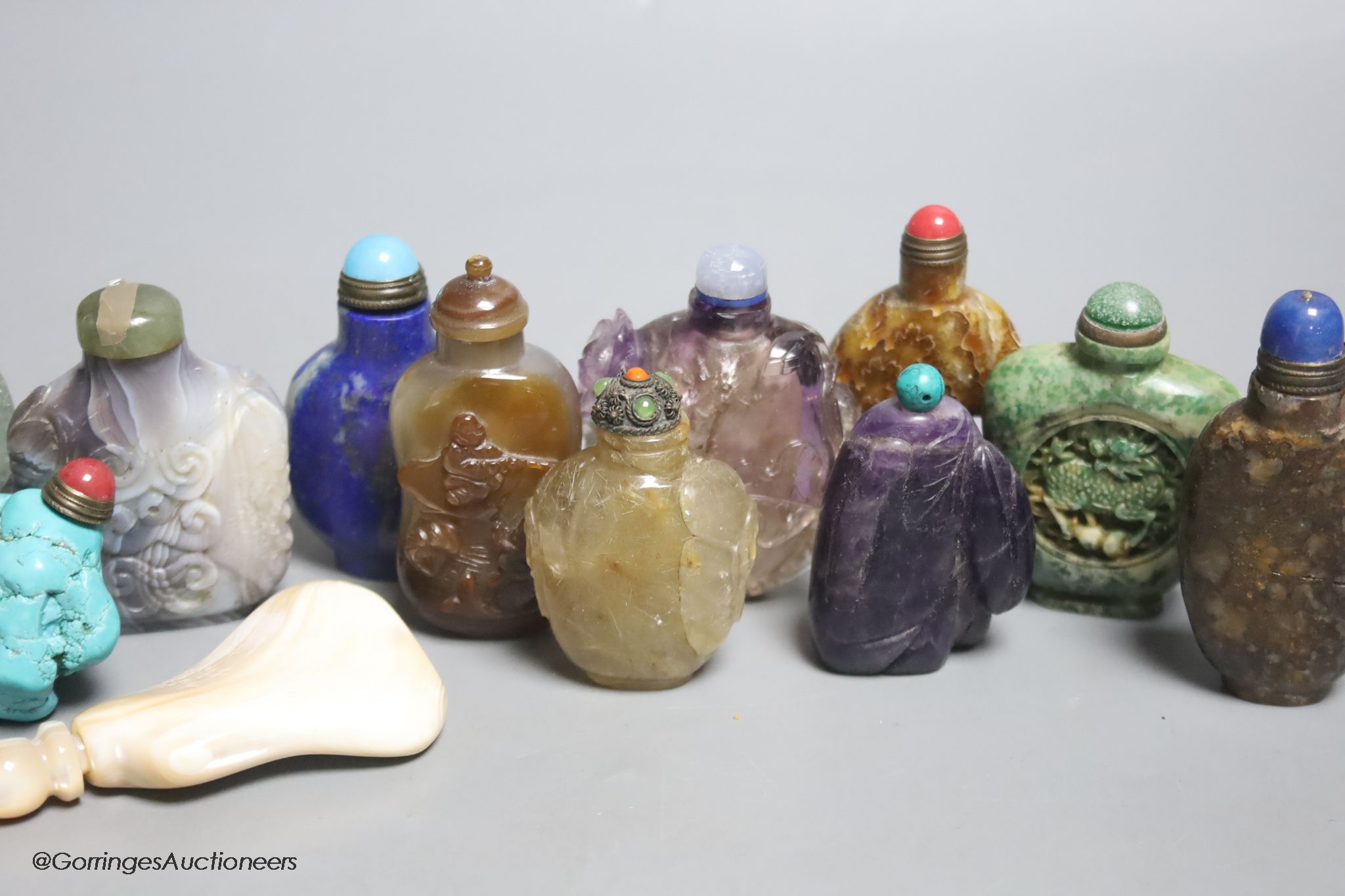 Thirteen Chinese hardstone snuff bottles, lapis turquoise eetc